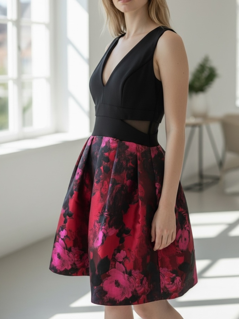 Xscape Black Bodice with Fuchsia Floral Accents Dress
